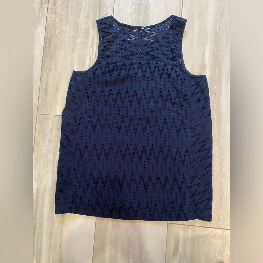 J. Crew Navy Blue Textured Eyelet Monochrome Sleeveless Preppy Top, 2 Tall
